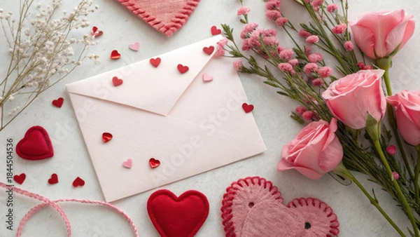 Obraz Valentine Flatlay Theme. Delicate valentine flatlay with pink roses, hearts, and decorative elements creating romantic atmosphere