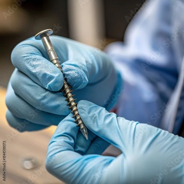 Obraz Precision craftsmanship gloved hands holding tiny screw in workshop shallow depth of field macro photography