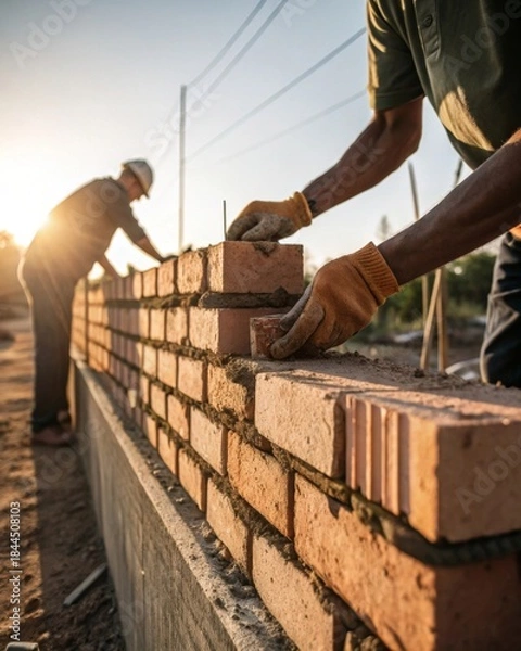 Obraz Construction achievement hands placing final brick on wall warm sunlight photorealistic scene