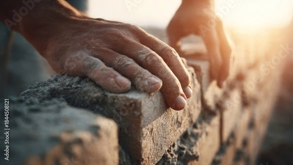 Obraz Hands placing final brick on wall symbolic completion warm sunlight photorealistic texture construction site