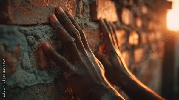 Obraz Hands placing final brick on wall at sunset symbolizing completion in a photorealistic environment