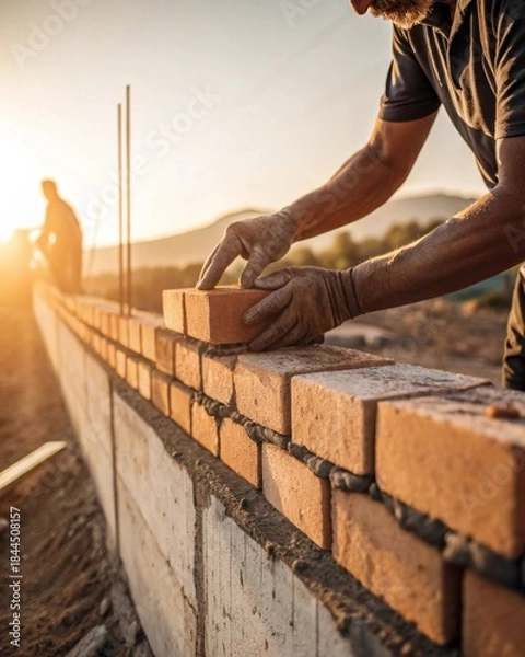 Obraz Construction milestone hands placing final brick on wall in warm sunset glow photorealistic texture construction site