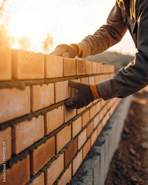 Obraz Hands placing final brick on wall at sunset photorealistic image of completion in warm sunlight