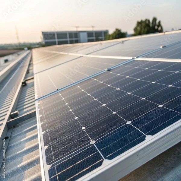 Obraz Clean energy action solar cells reflecting daylight on industrial rooftops optimizing renewable energy production
