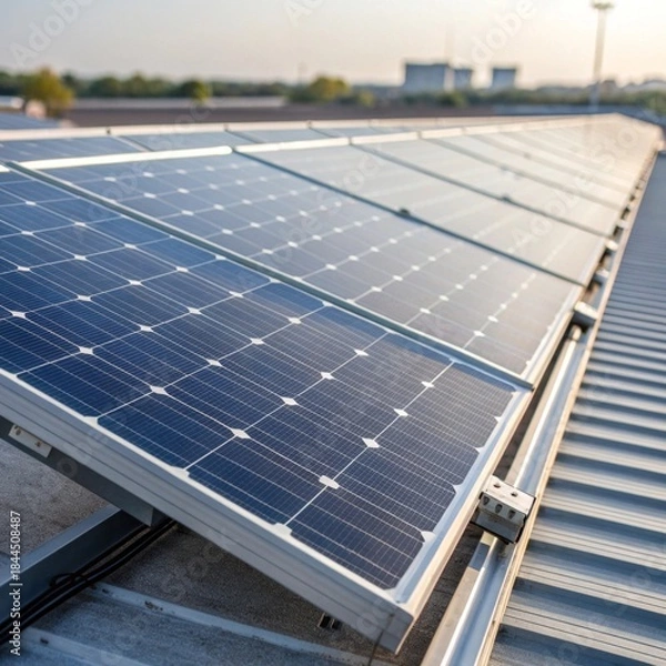 Obraz Solar cells reflecting daylight on industrial rooftop clean energy technology urban environment aerial view