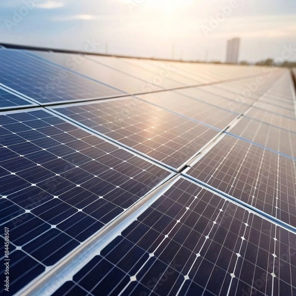 Obraz Solar cells reflecting daylight in clean industrial setting close-up view of sustainable technology