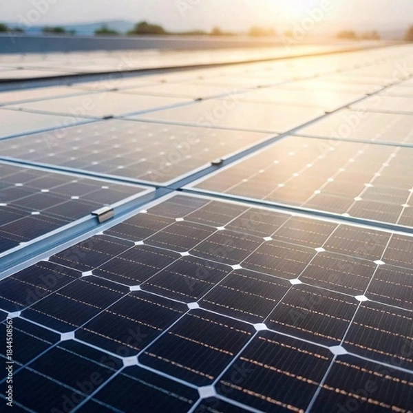 Obraz Industrial action of solar cells reflecting daylight in clean energy environment at sunrise