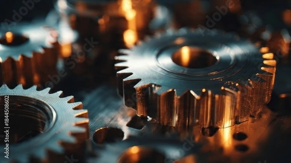 Obraz Cinematic macro shot of gears and metal parts symbolizing teamwork and innovation under warm light