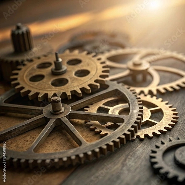 Obraz Intricate gears and metal parts under warm light symbolizing teamwork and innovation macro shot industrial setting close-up perspective