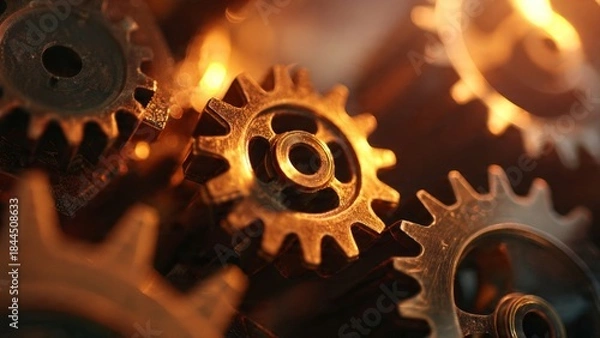 Obraz Gears in motion a macro shot of metal parts symbolizing teamwork and innovation under warm light