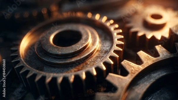 Obraz Innovative gears and metal parts industrial workshop macro photography warm lighting close-up view symbolizing teamwork