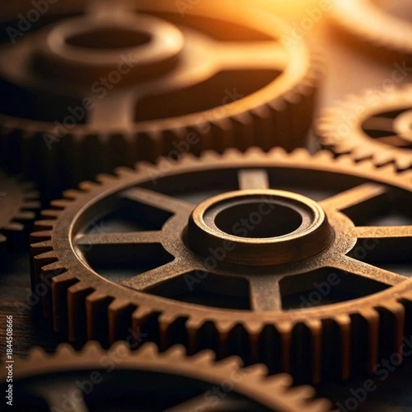 Obraz Macro shot of gears and metal parts symbolizing teamwork and innovation under warm light industry environment cinematic viewpoint
