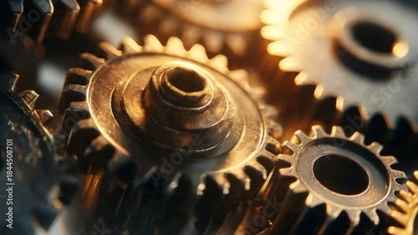 Obraz Cinematic macro shot of gears and metal parts symbolizing teamwork and innovation warm lighting industrial setting