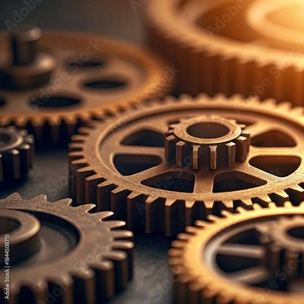 Obraz Cinematic macro shot of gears and metal parts symbolizing teamwork and innovation with warm light