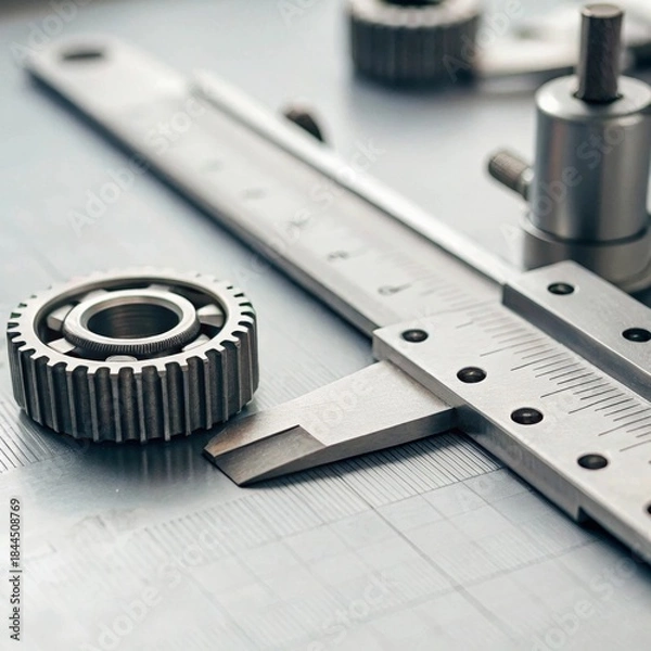 Obraz Precision measurement tools and mechanical components industrial setting macro photography neutral tones