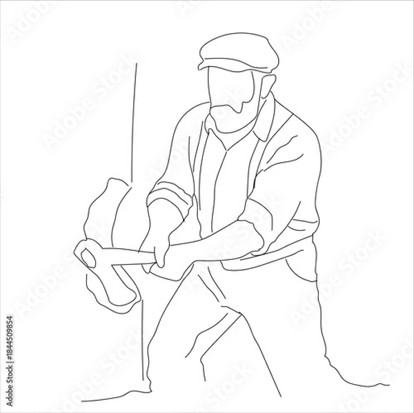 Obraz man chopping down a tree with an axe. line art