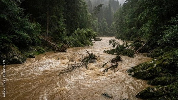 Obraz Muddy Forest River Raging Amidst Heavy Rainfall and Fallen Branches