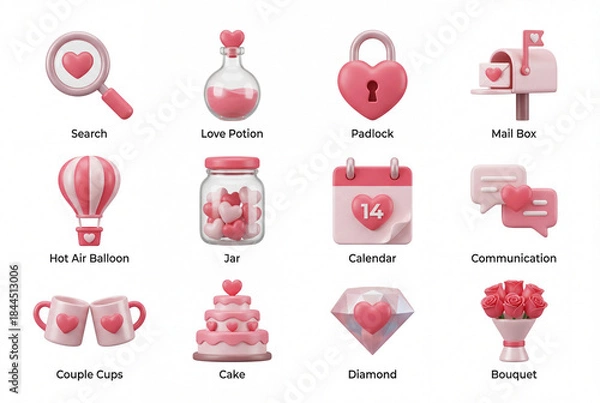 Fototapeta Valentine's day 3d icon collection isolated on white background. bouquet, diamond, cake, love potion, calendar and padlock. romantic celebration set concept