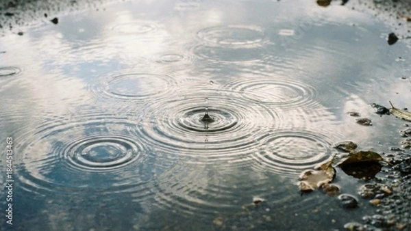 Obraz Raindrops Creating Ripples in a Reflective Puddle on a Cloudy Day