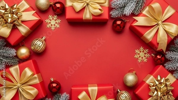 Obraz Red Christmas background with gift boxes, ornaments and pine branches forming festive border with copy space

