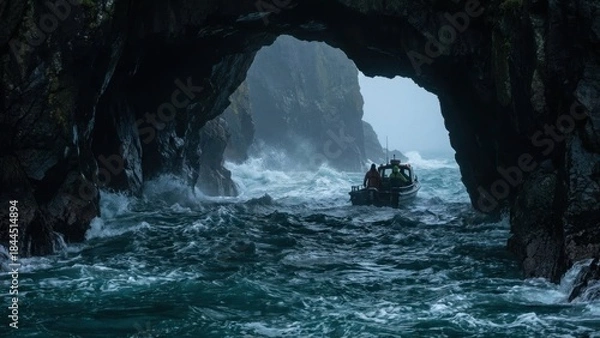 Obraz Small Boat Navigating Rough Seas Through a Rocky Archway Under Overcast Skies