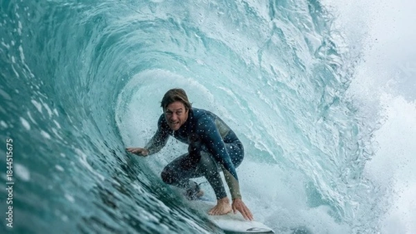 Obraz Surfer Rides Inside Blue Ocean Wave Barrel in Sunlight