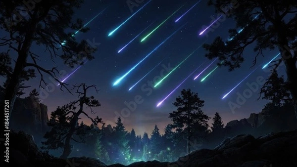 Obraz Vibrant Meteor Shower Over Dark Forest Silhouette Under Starry Night Sky