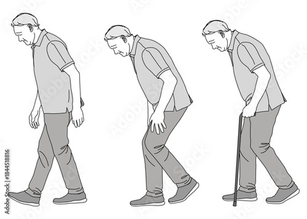 Obraz 間欠破行 杖をついて歩く老人のイラスト 全身横向き