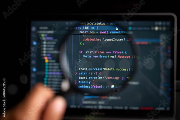 Obraz Close-up view of a computer screen with colorful JavaScript code magnified by a handheld magnifying glass, symbolizing debugging, software development, and error tracking in programming tasks.