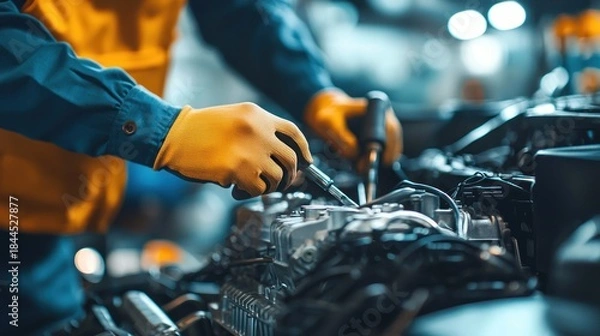 Obraz Mechanic repairs car engine