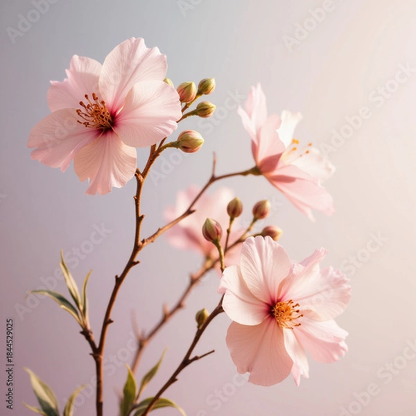 Fototapeta Delicate pink flowers on soft pastel background
