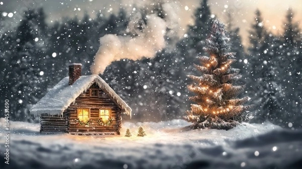 Obraz Snowy cabin christmas scene