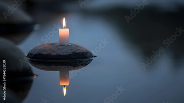 Obraz Single candle casting warm glow beside still water