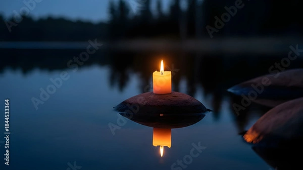 Obraz Single candle casting warm glow beside still water