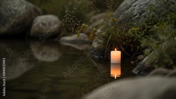 Obraz Minimalist candlelight beside calm water in nature