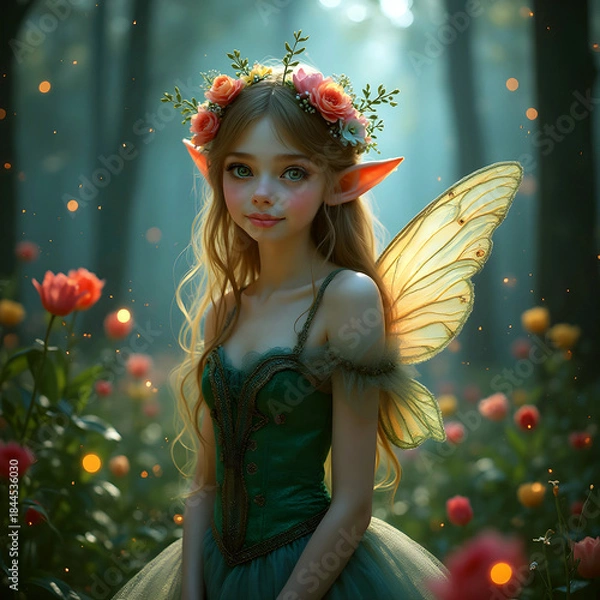 Obraz little flower woods fairy with fireflies