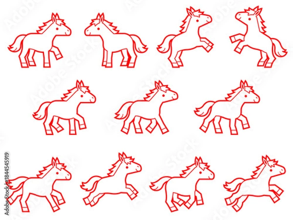 Obraz 馬のキャラクターの赤い線画イラストセット