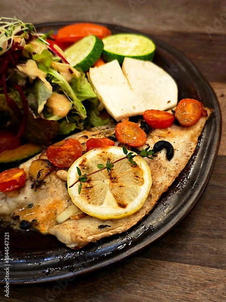 Obraz Grilled fish steak with mixed vegetable salad.