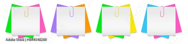 Fototapeta Stack of multicolored paper notes with paper clips. White, orange, yellow, pink, blue, purple and green sheets of paper.	