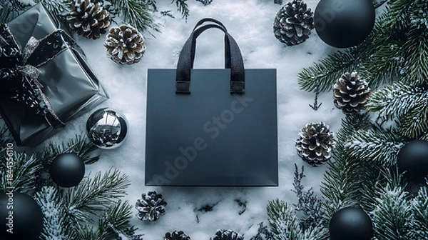 Fototapeta A black shopping bag lies on the snow around Christmas tree balls, pine cones and fir branches