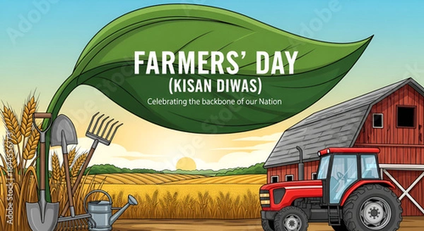 Fototapeta Farmers day illustration with a tractor, farm, wheat fields, and a large leaf banner, celebrating kisan diwas