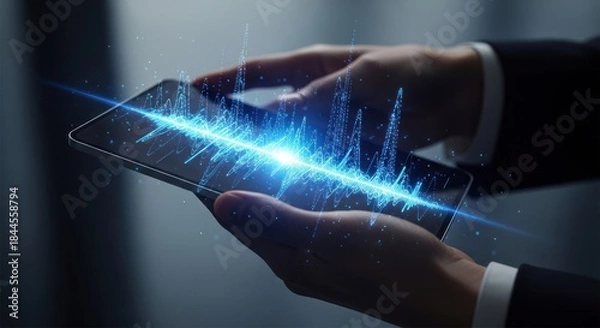 Obraz Businessman holding tablet with vibrant blue digital sound wave audio frequency visualization, for signal processing, data analysis, communication technology, complex information flow