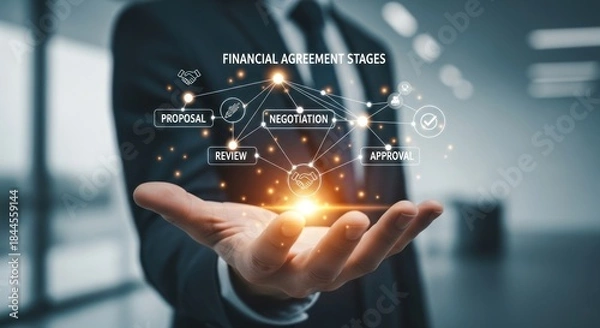 Obraz Businessman presenting digital financial agreement stages flowchart including proposal, review, negotiation, final approval with glowing handshake icon for successful contract finalization