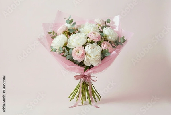 Obraz Bouquet of flowers with a floral design white peonies, pink ranunculus and soft eucalyptus branches , wrapped in crisp pink transparent paper with ribbon. Pale pink background. Copy space