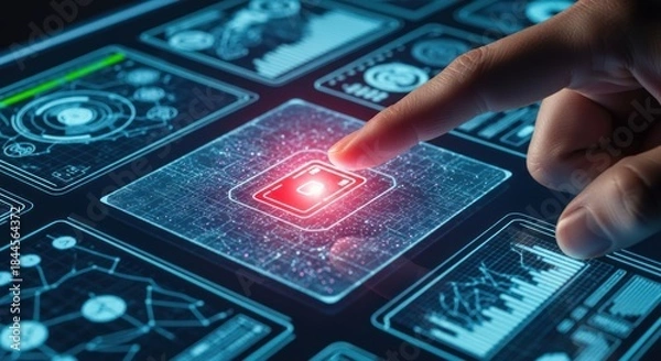 Obraz Human finger pressing glowing microchip icon on holographic touchscreen interface, for secure data access, digital identity verification, global network protection, advanced technological