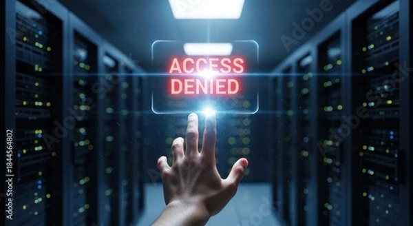 Obraz Human hand touching glowing virtual interface with red 'access denied' warning, for critical cybersecurity failure, unauthorized entry, data breach prevention, restricted network access