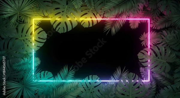 Fototapeta Ai genertated colourfull jungle exotic mockup template frame with neon lights and jungle leaves