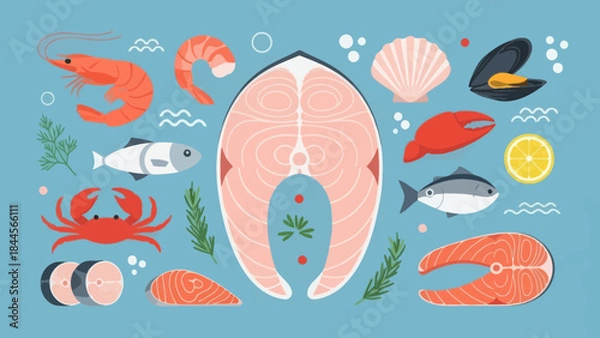 Obraz Diverse seafood selection including fish shellfish and crustaceans arranged