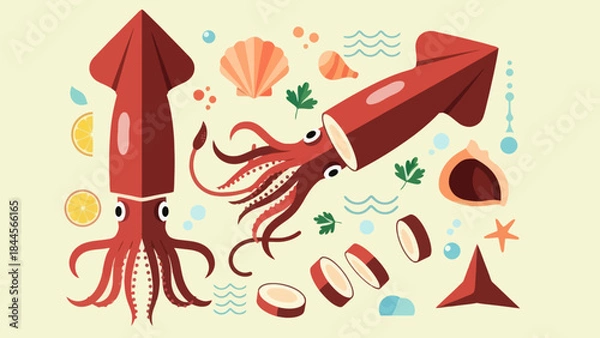 Obraz Cartoon Squid with Directional Arrows and Sea Elements for Creative Design