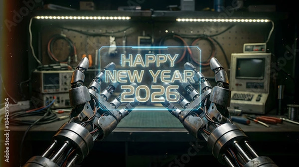 Fototapeta Happy New Year 2026 Futuristic AI Concept  Robotic Hands Holding Digital Greeting